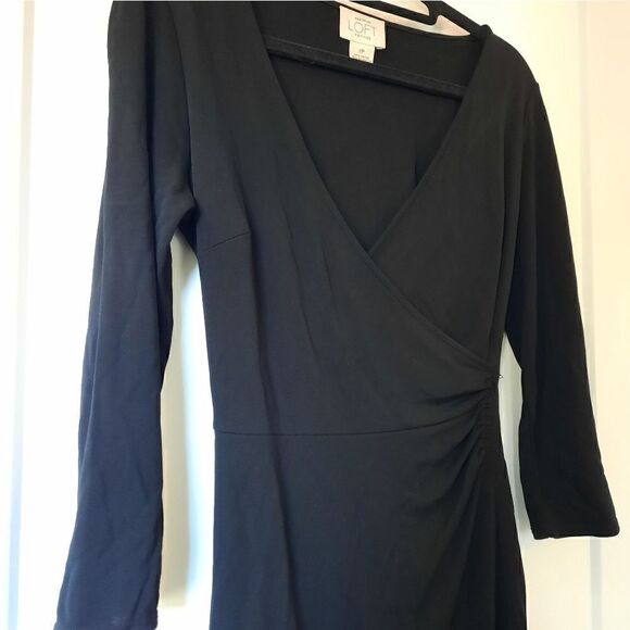 LOFT Wrap Dress Black Long Sleeve Ruched V Neck - Picture 2 of 12